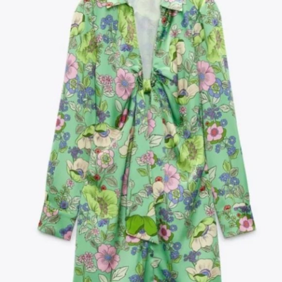 ZARA MS SIZE SMALL LIGHT GREEN WITH MULTI-COLOR FLORAL PRINT SATIN LIKE DRESS - Picture 4 of 12